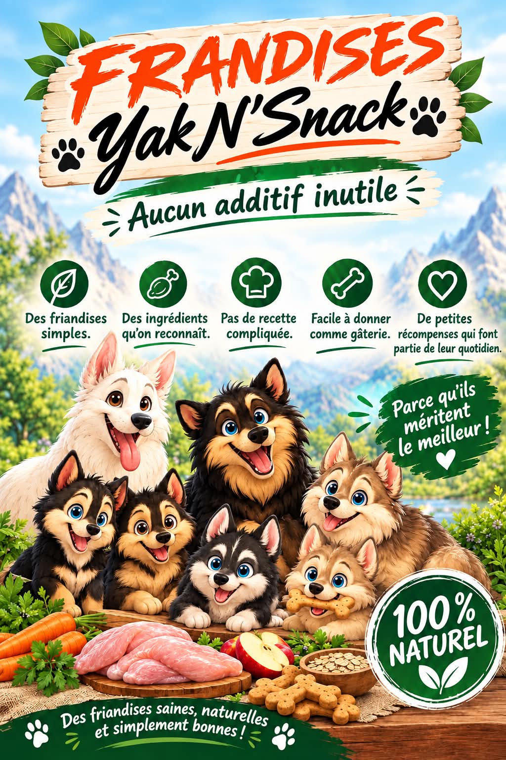 Affiche FRIANDISES YakN'Snack : un seul ingrédient, aucun additif inutile, des chiens entourés de viande, carottes, pomme et biscuits, badge 100% naturel