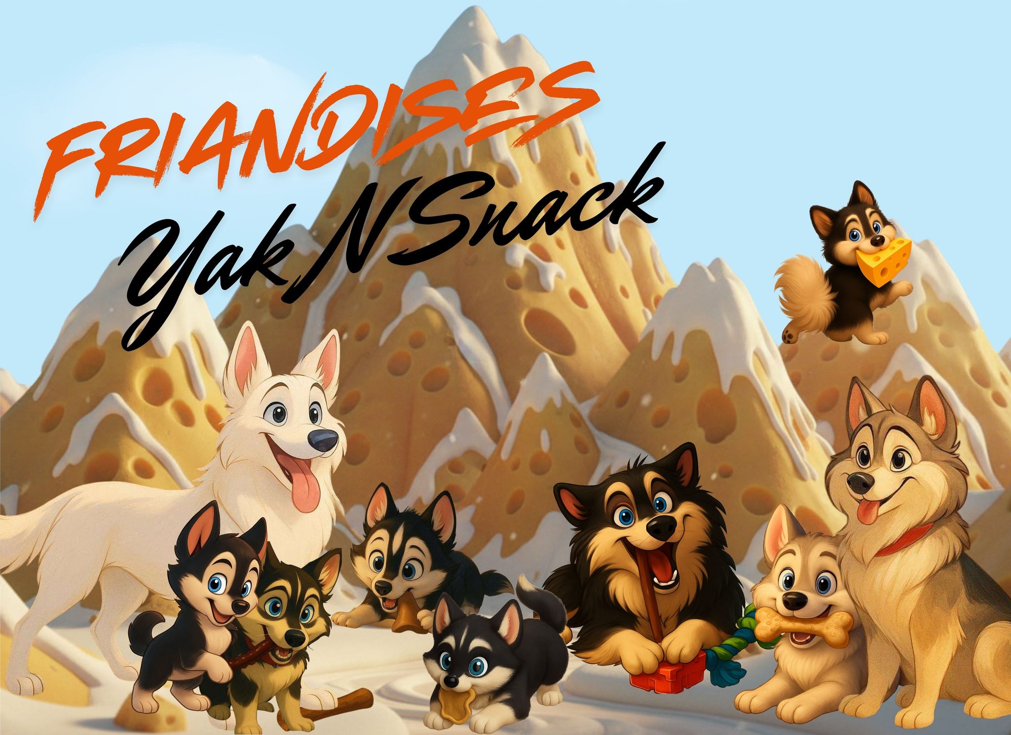 YakNSnack, friandises naturelles : des chiens cartoon joyeux devant des montagnes de fromage