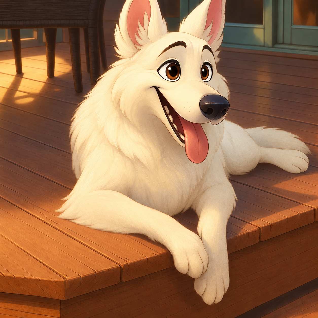 Chien blanc souriant, allongé sur une terrasse en bois