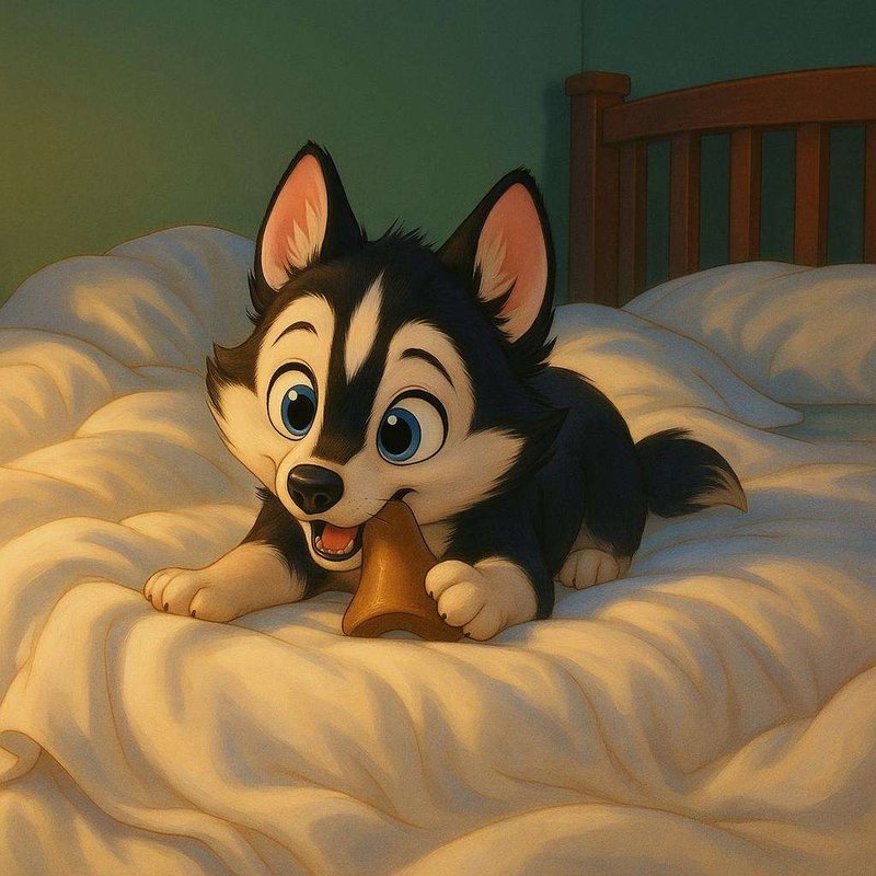 Chiot husky qui savoure une gâterie dans un lit