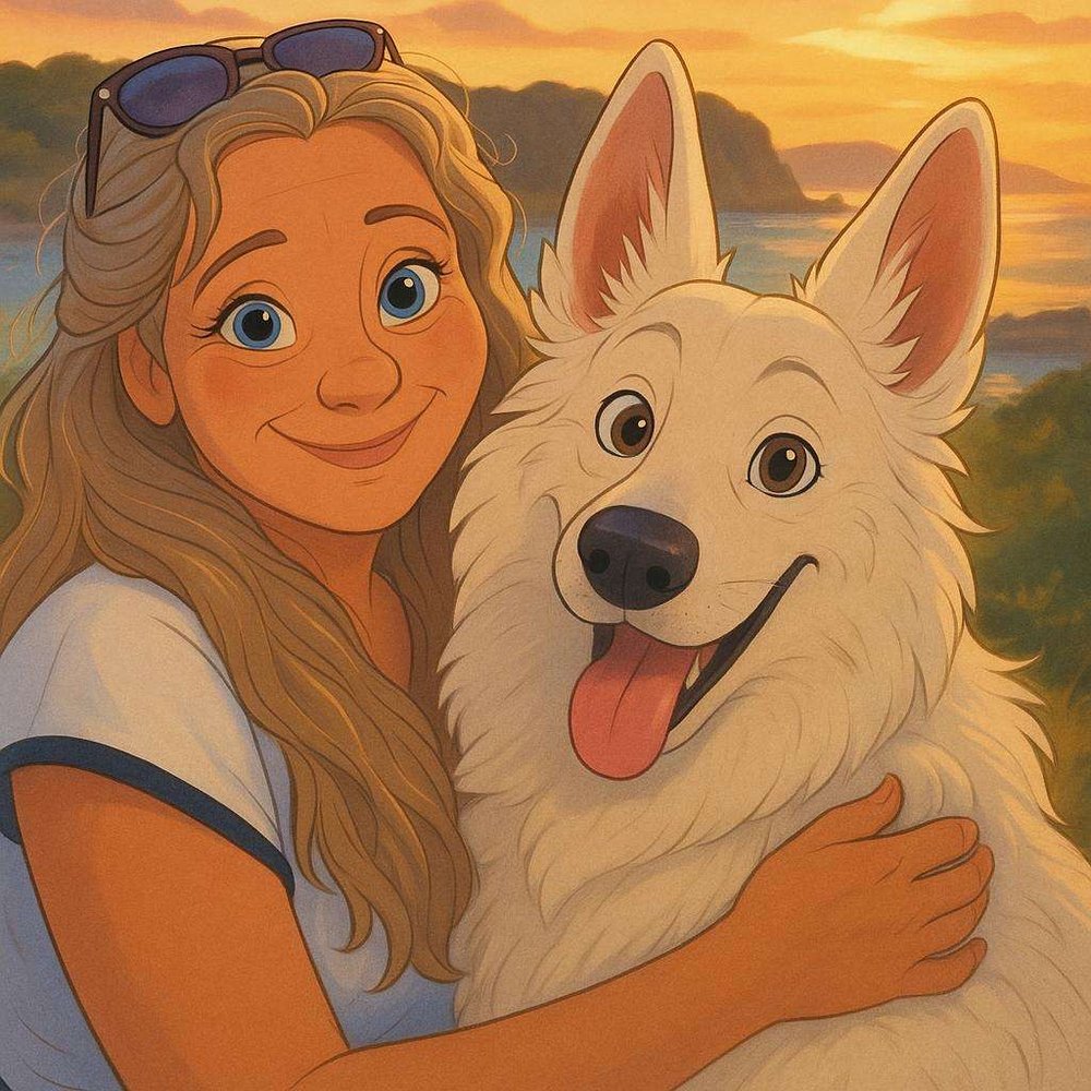 Tyna qui serre son chien blanc dans ses bras, au bord de l'eau au coucher du soleil